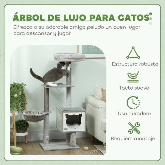 Arbre à Chat 126cm Tour de Jeu avec Niche Hamac et Plateformes Poteaux Sisal Gris - ComfortXL Outdoor Living - Image 6