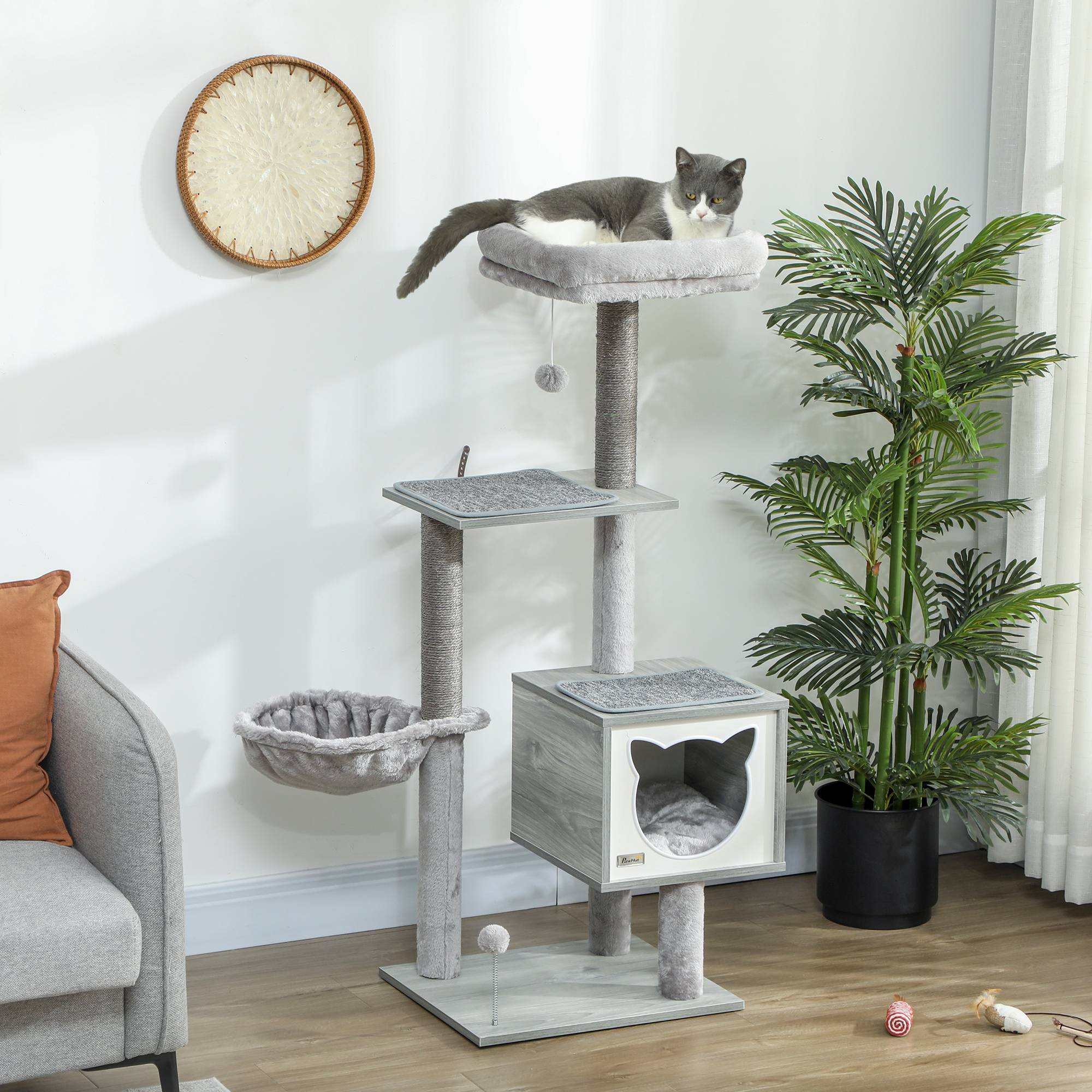 Arbre à Chat 126cm Tour de Jeu avec Niche Hamac et Plateformes Poteaux Sisal Gris - ComfortXL Outdoor Living - Image 4