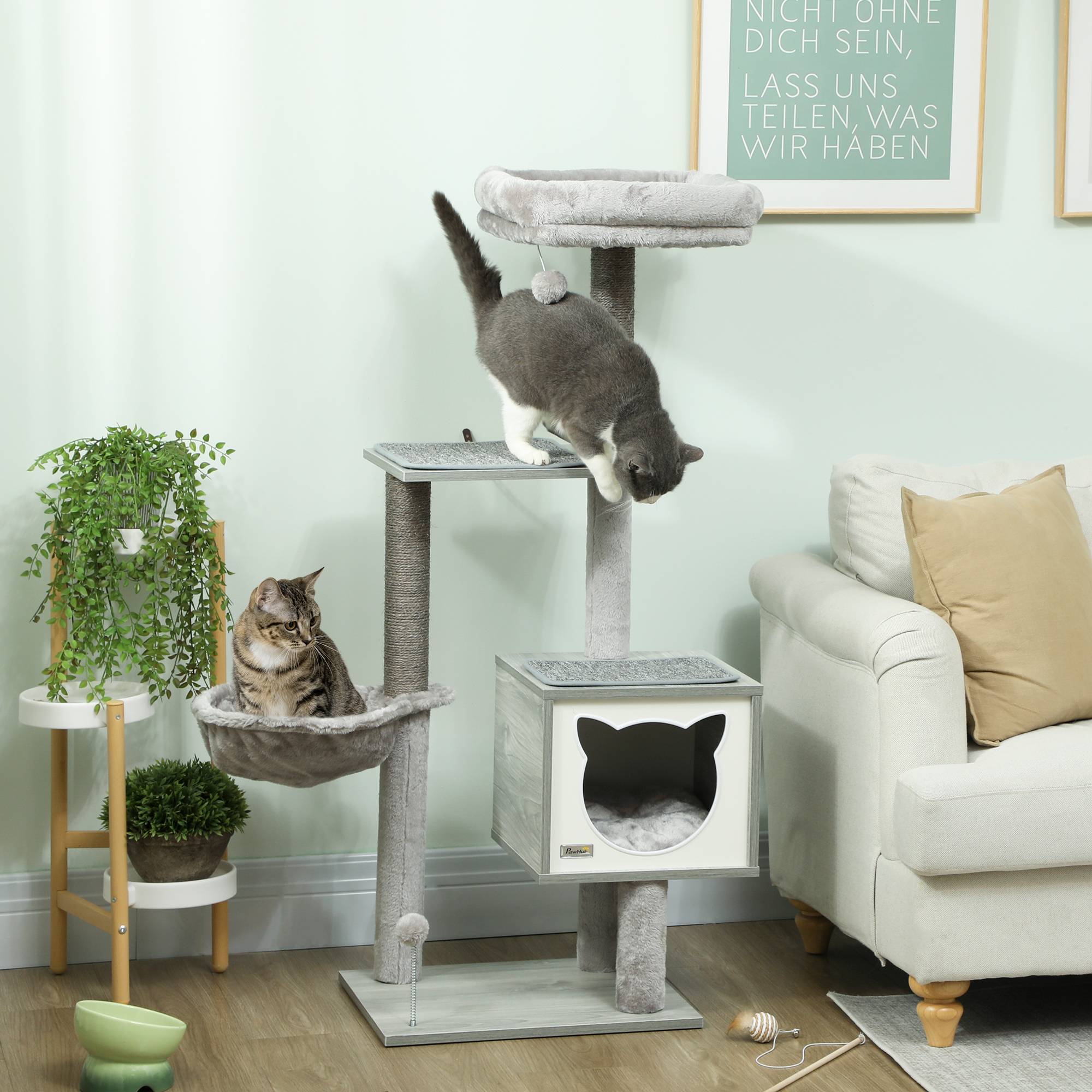 Arbre à Chat 126cm Tour de Jeu avec Niche Hamac et Plateformes Poteaux Sisal Gris - ComfortXL Outdoor Living - Image 3