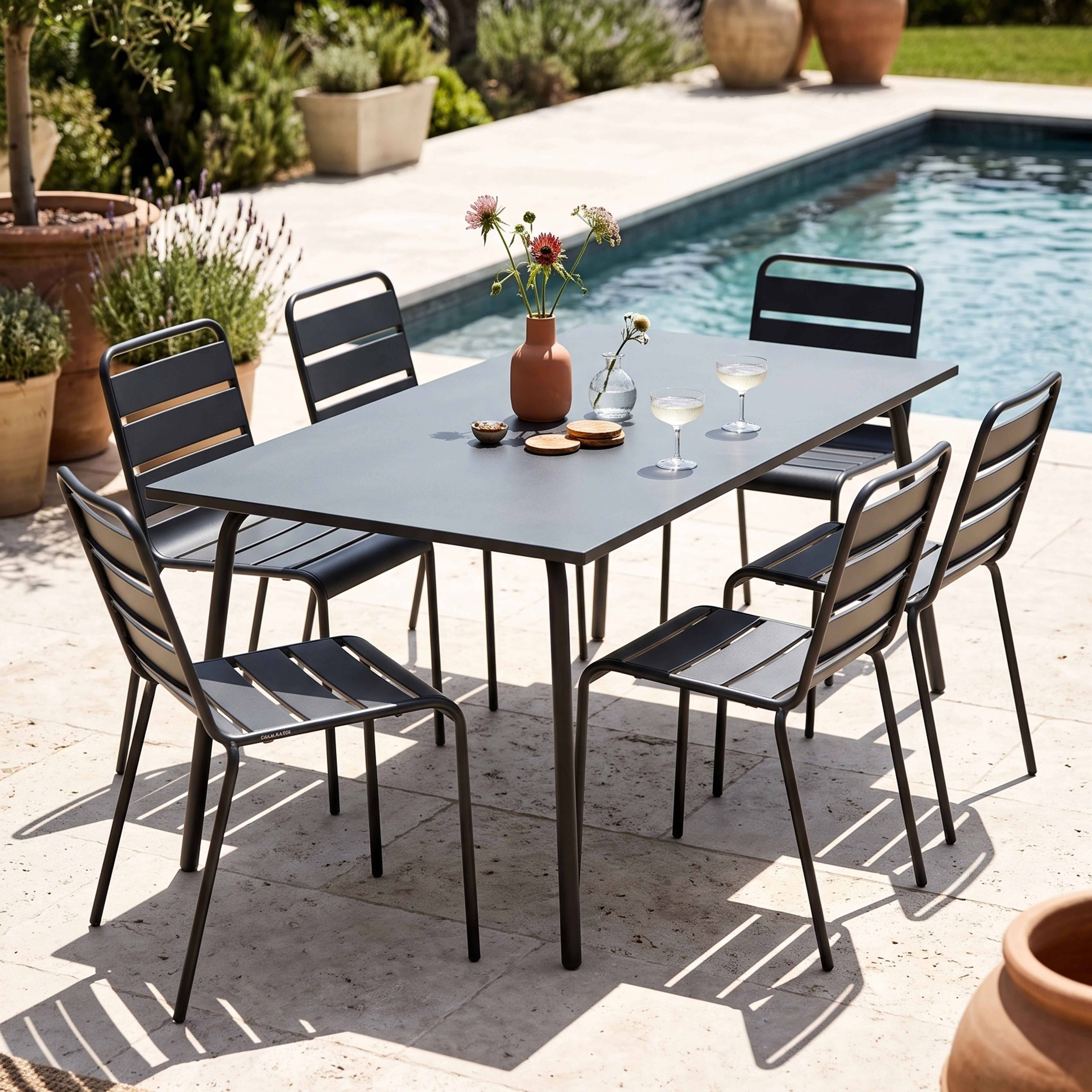 Oviala - Ensemble table de jardin et 6 chaises en métal anthracite Palavas - Oviala - Imagen 2