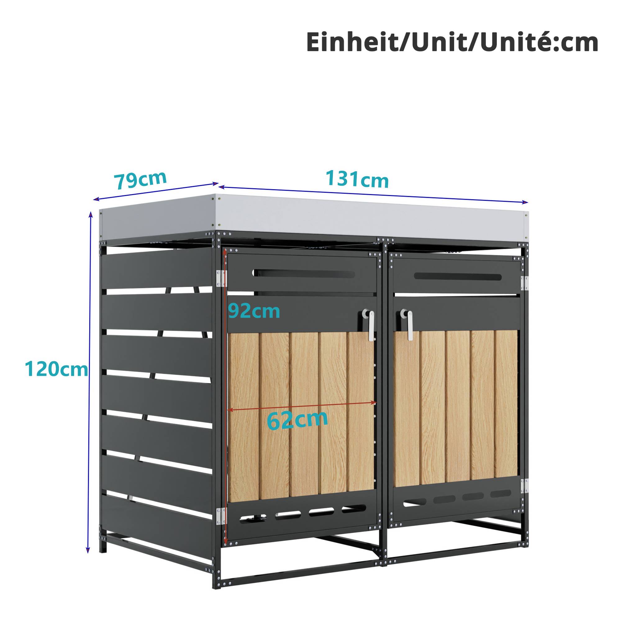 Cache-poubelle double en métal pour jardin avec jardinière intégrée 131x120cm Noir - ComfortXL Outdoor Living - Image 3