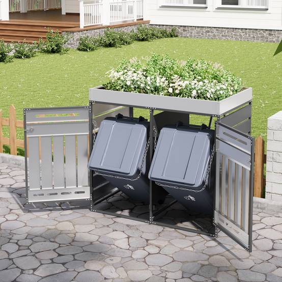 Cache-poubelle double en métal pour jardin avec jardinière intégrée 131x120cm Noir - ComfortXL Outdoor Living - Image 4