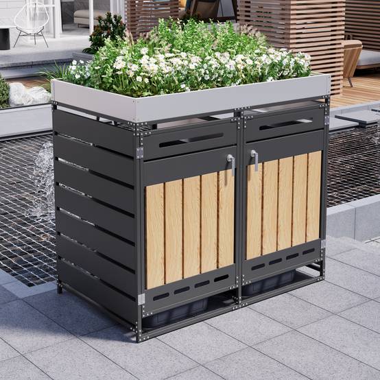 Cache-poubelle double en métal pour jardin avec jardinière intégrée 131x120cm Noir - ComfortXL Outdoor Living - Image 1