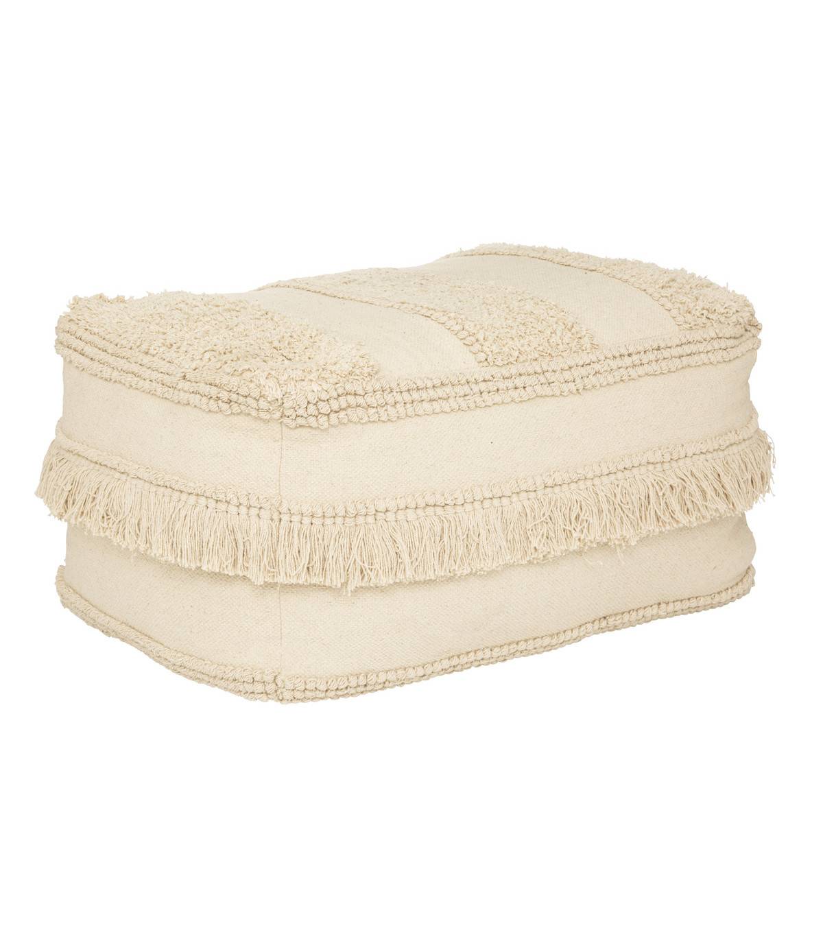 Pouf en Coton Beige avec motifs en relief et franges 65 x 45 cm - Imagen 1