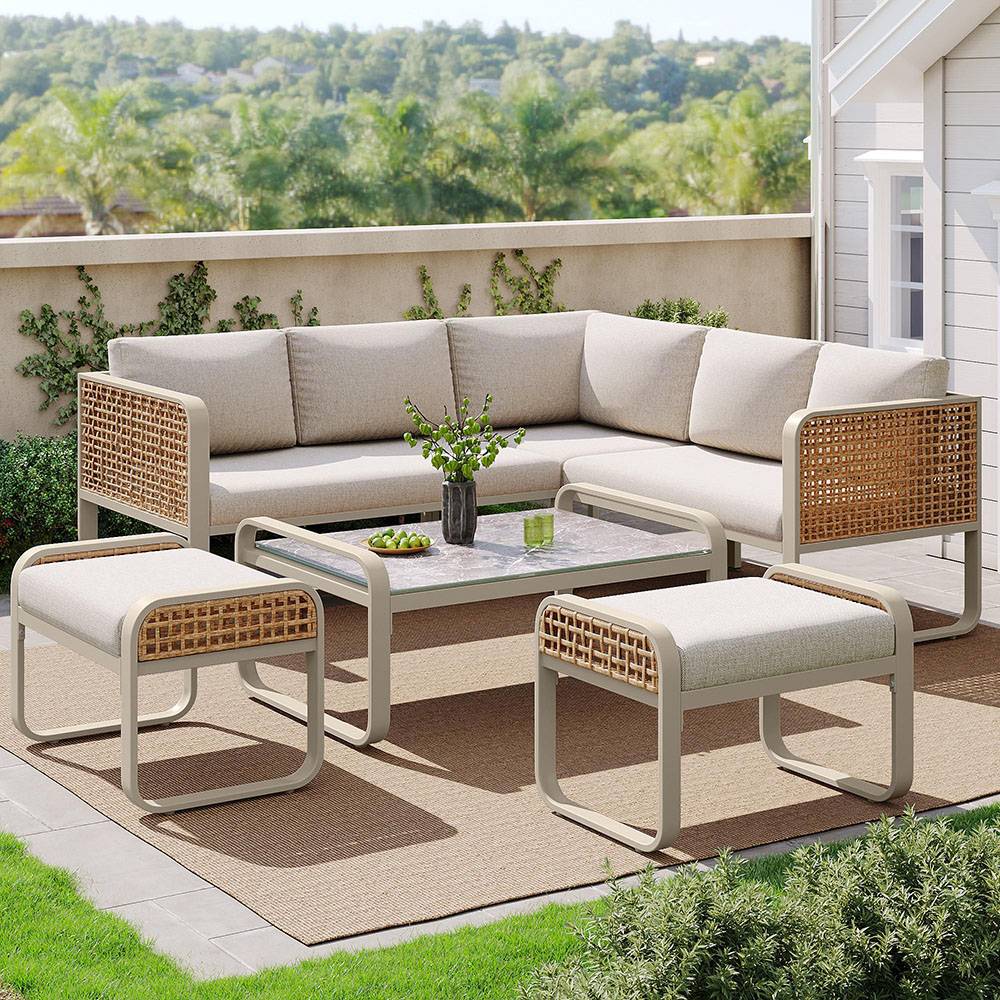 Salon de jardin pour 6-7 personnes, avec structure en fer galvanisé, pieds réglables, y compris tous les sièges et coussins,beige - Image 1