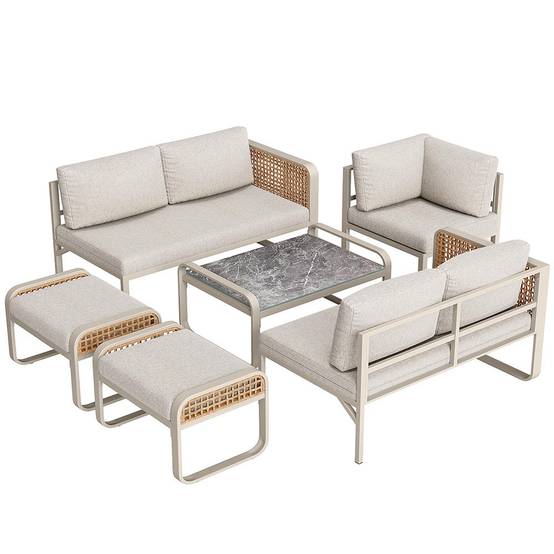 Salon de jardin pour 6-7 personnes, avec structure en fer galvanisé, pieds réglables, y compris tous les sièges et coussins,beige - Image 5