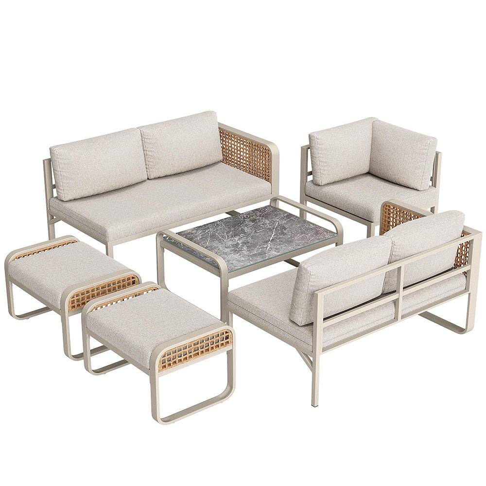 Salon de jardin pour 6-7 personnes, avec structure en fer galvanisé, pieds réglables, y compris tous les sièges et coussins,beige - Image 5