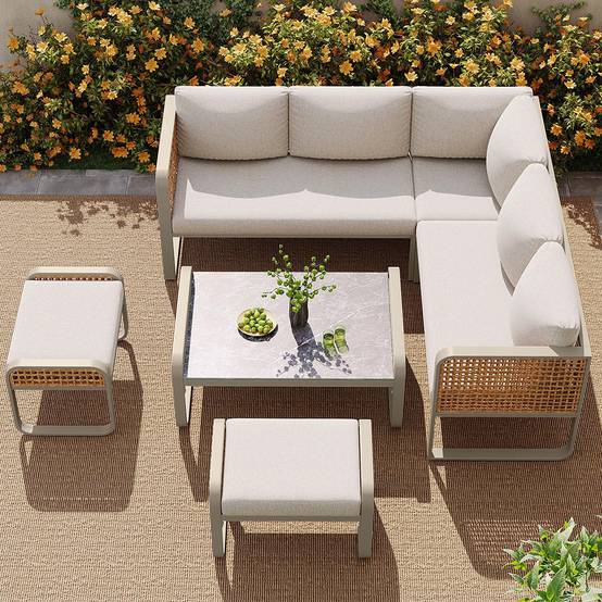 Salon de jardin pour 6-7 personnes, avec structure en fer galvanisé, pieds réglables, y compris tous les sièges et coussins,beige - Image 4