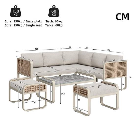 Salon de jardin pour 6-7 personnes, avec structure en fer galvanisé, pieds réglables, y compris tous les sièges et coussins,beige - Image 3