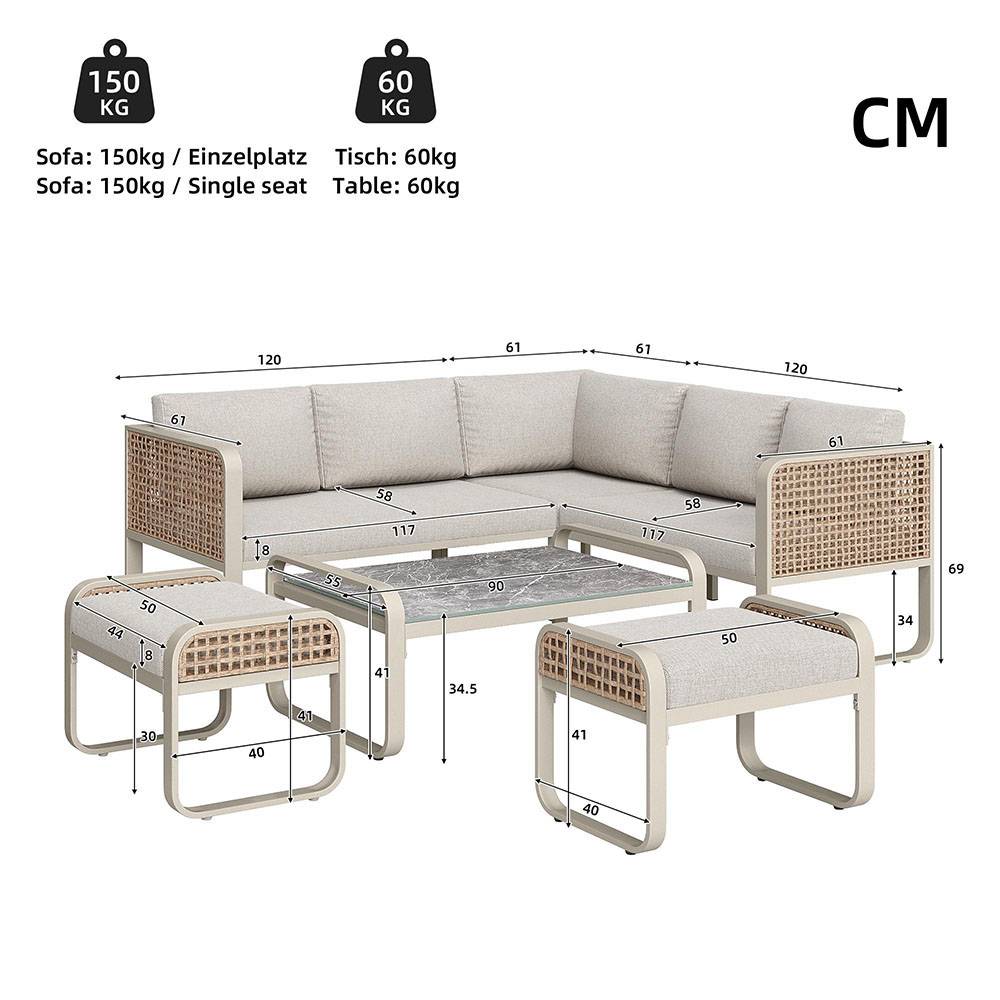 Salon de jardin pour 6-7 personnes, avec structure en fer galvanisé, pieds réglables, y compris tous les sièges et coussins,beige - Image 3