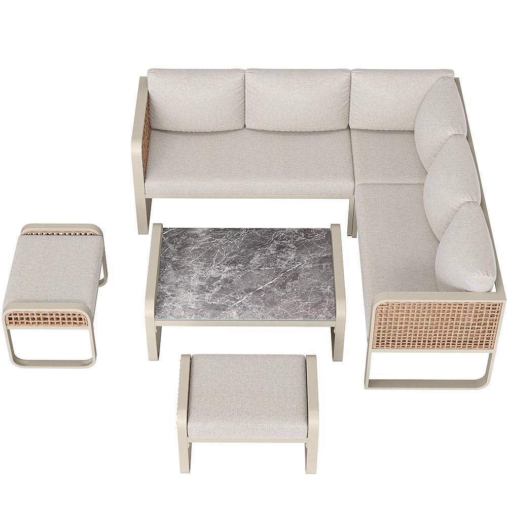 Salon de jardin pour 6-7 personnes, avec structure en fer galvanisé, pieds réglables, y compris tous les sièges et coussins,beige - Image 6