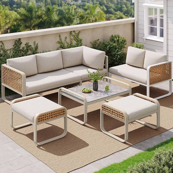 Salon de jardin pour 6-7 personnes, avec structure en fer galvanisé, pieds réglables, y compris tous les sièges et coussins,beige - Image 2