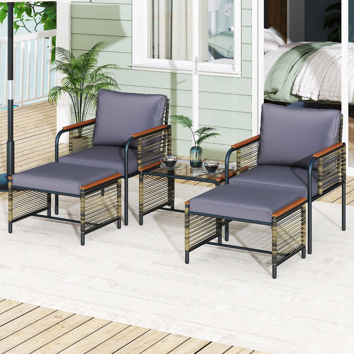 Ensemble de Mobilier de Jardin 5 Pièces Salon de Jardin en Rotin PE avec Coussins Table Basse en Verre Gris MAISON CHIC - Image 4