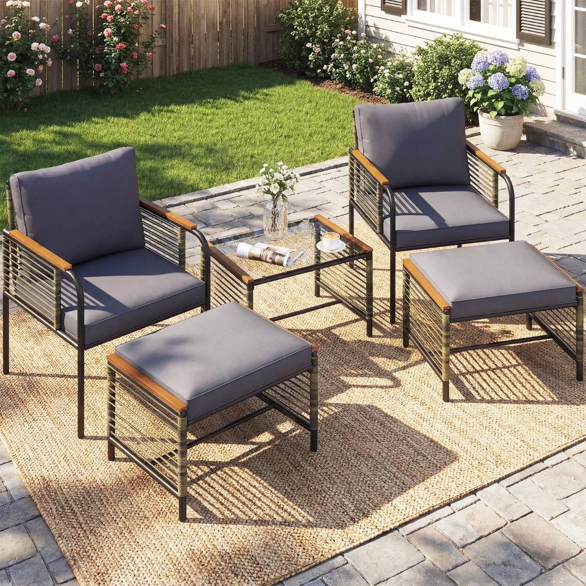 Ensemble de Mobilier de Jardin 5 Pièces Salon de Jardin en Rotin PE avec Coussins Table Basse en Verre Gris MAISON CHIC - Image 2