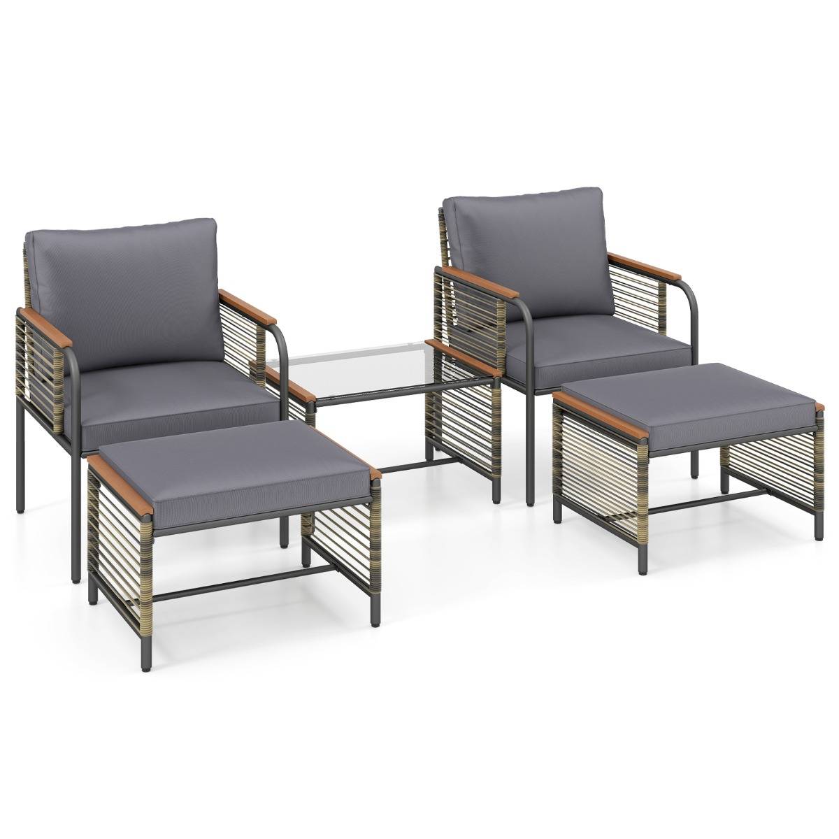 Ensemble de Mobilier de Jardin 5 Pièces Salon de Jardin en Rotin PE avec Coussins Table Basse en Verre Gris MAISON CHIC - Image 1