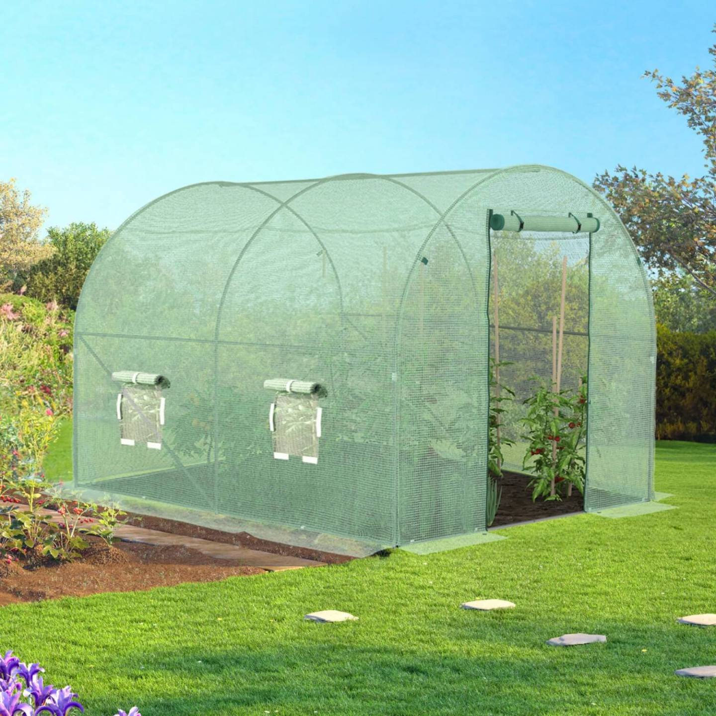 IDMARKET - Bâche de rechange pour serre de jardin tunnel 6m² 3 x 2 x 2 m anti-UV avec porte et fenêtres ROMA verte - Image 1