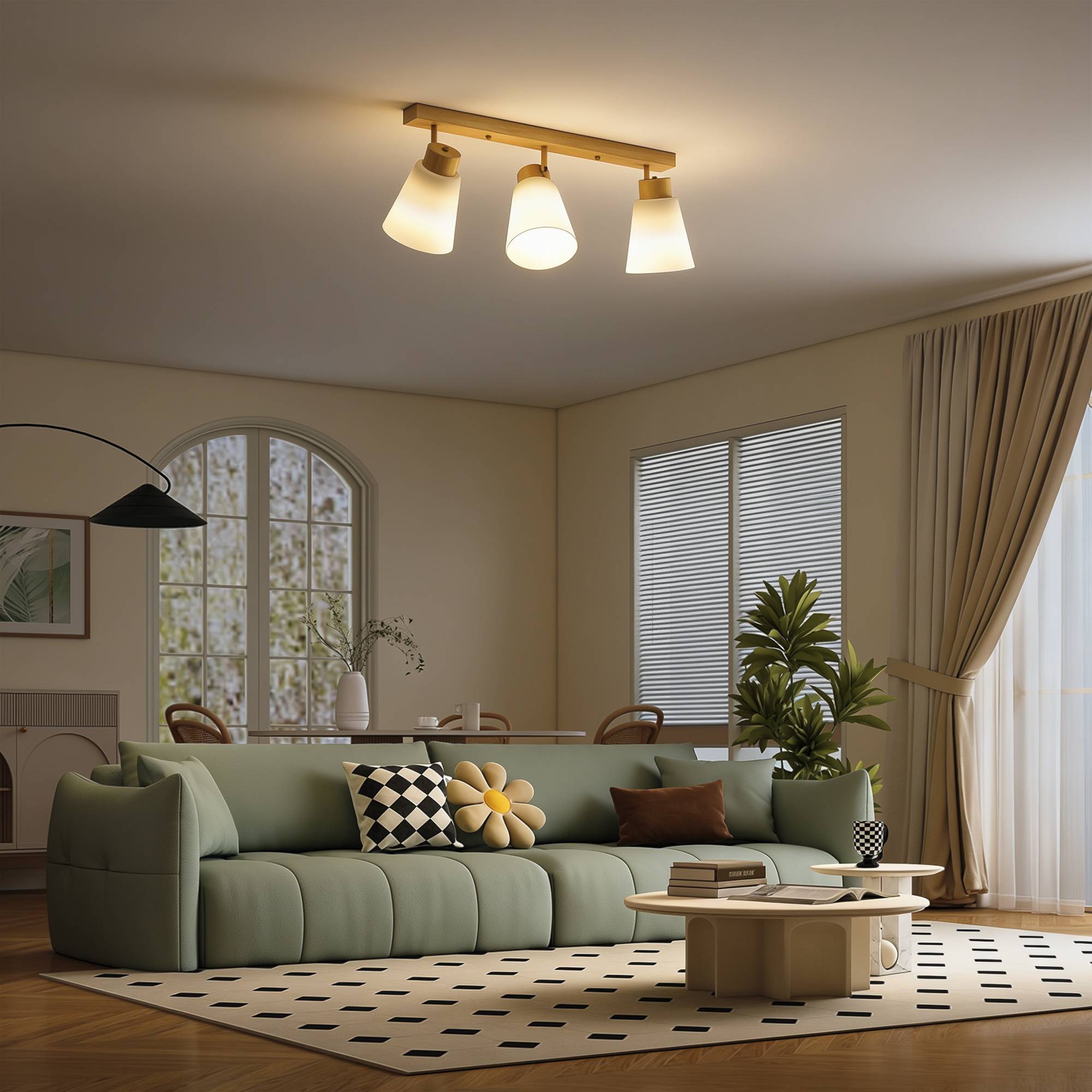 Sans Marque - Plafonnier 3 points éclairage orientables 90° douilles E27 coloris bois - Image 1