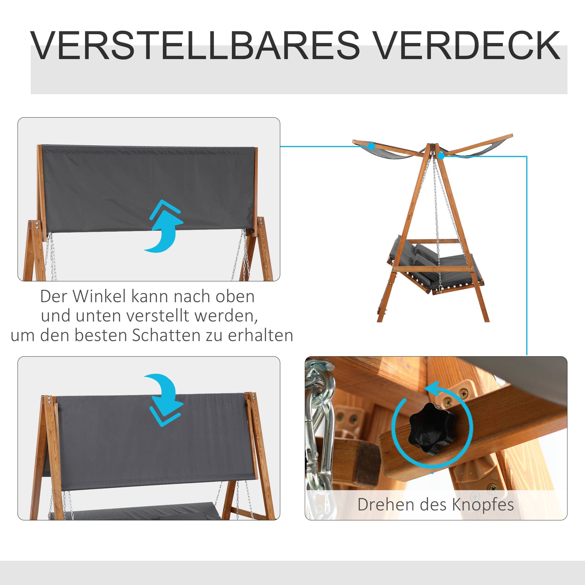 Balancelle jardin 3 places bois de pin extérieur convertible lit avec toit 225cm gris - ComfortXL Outdoor Living - Image 5