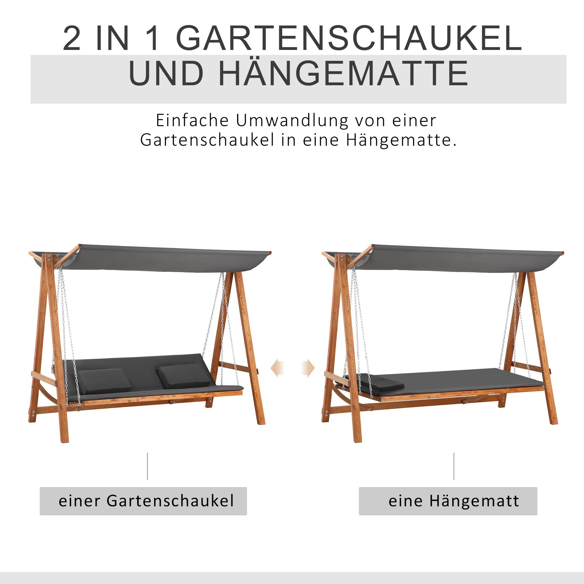Balancelle jardin 3 places bois de pin extérieur convertible lit avec toit 225cm gris - ComfortXL Outdoor Living - Image 4