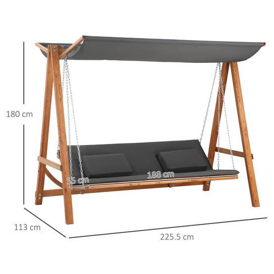 Balancelle jardin 3 places bois de pin extérieur convertible lit avec toit 225cm gris - ComfortXL Outdoor Living - Image 3