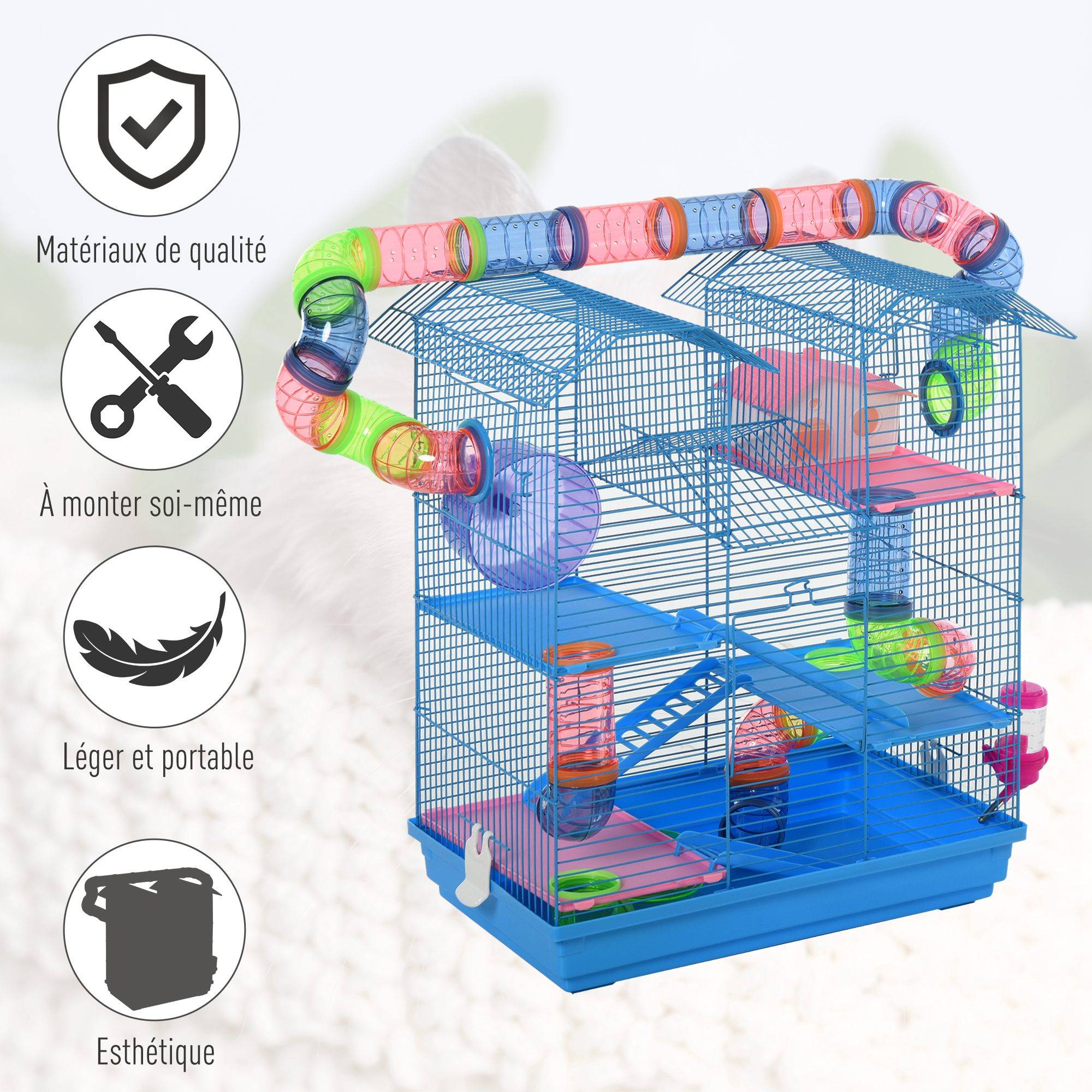 Pawhut - Cage pour Hamster Souris Petit Animaux Rongeur avec Tunnel Mangeoire Roue Jouet 47 x 30 x 59 cm cm Bleu - Imagen 6