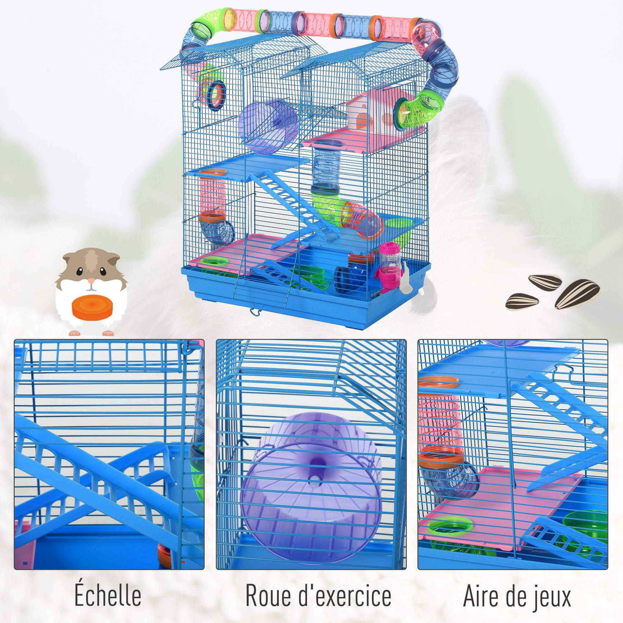 Pawhut - Cage pour Hamster Souris Petit Animaux Rongeur avec Tunnel Mangeoire Roue Jouet 47 x 30 x 59 cm cm Bleu - Imagen 4