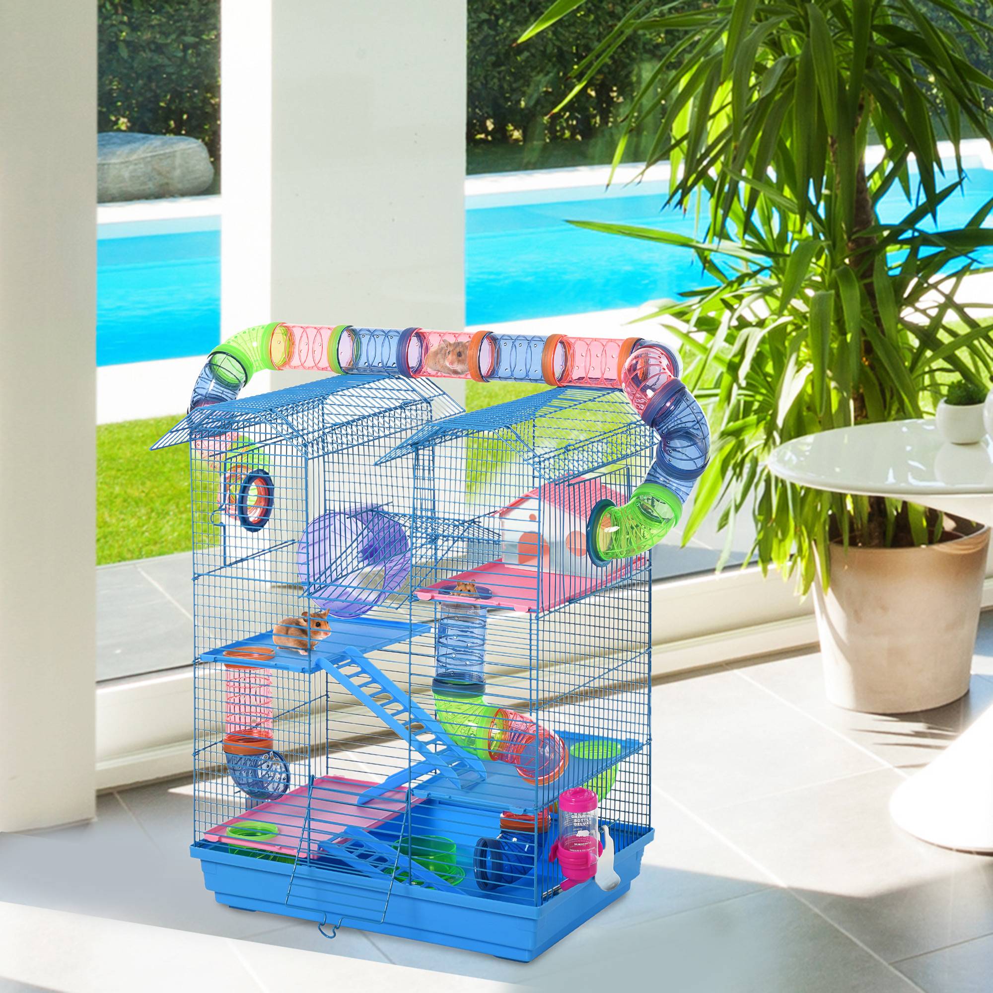 Pawhut - Cage pour Hamster Souris Petit Animaux Rongeur avec Tunnel Mangeoire Roue Jouet 47 x 30 x 59 cm cm Bleu - Imagen 2