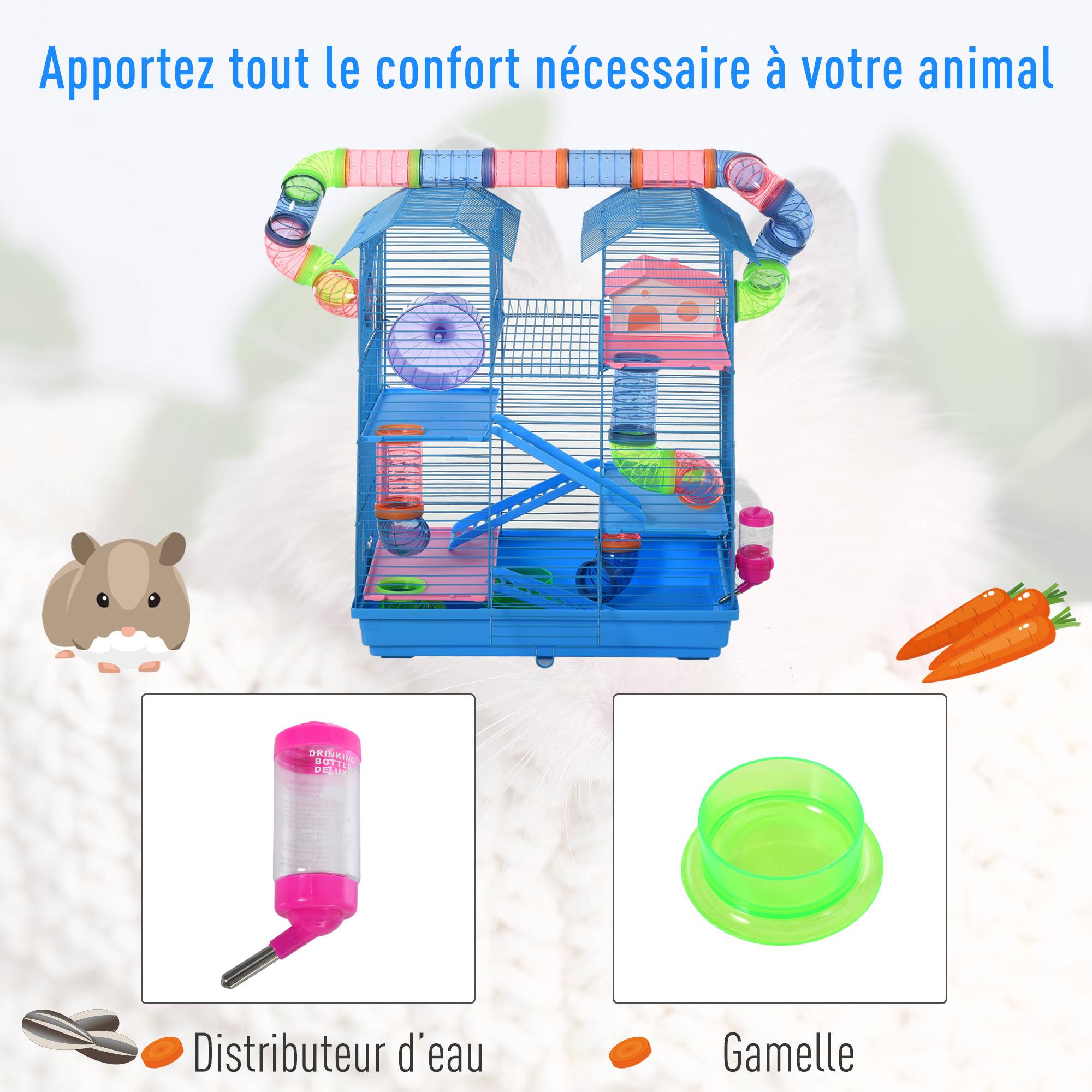 Pawhut - Cage pour Hamster Souris Petit Animaux Rongeur avec Tunnel Mangeoire Roue Jouet 47 x 30 x 59 cm cm Bleu - Imagen 3