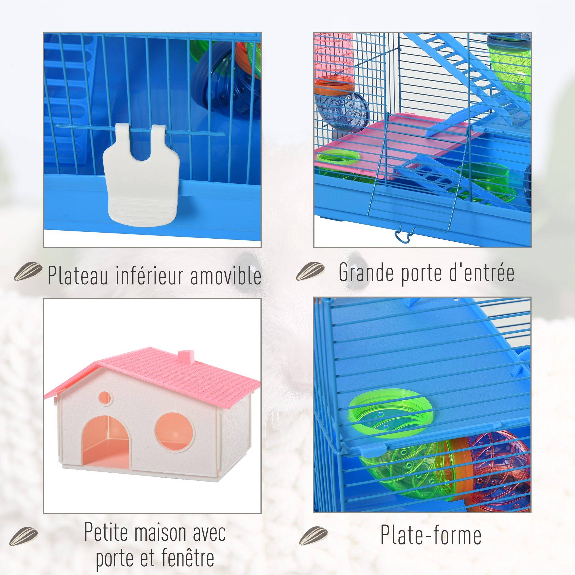 Pawhut - Cage pour Hamster Souris Petit Animaux Rongeur avec Tunnel Mangeoire Roue Jouet 47 x 30 x 59 cm cm Bleu - Imagen 5