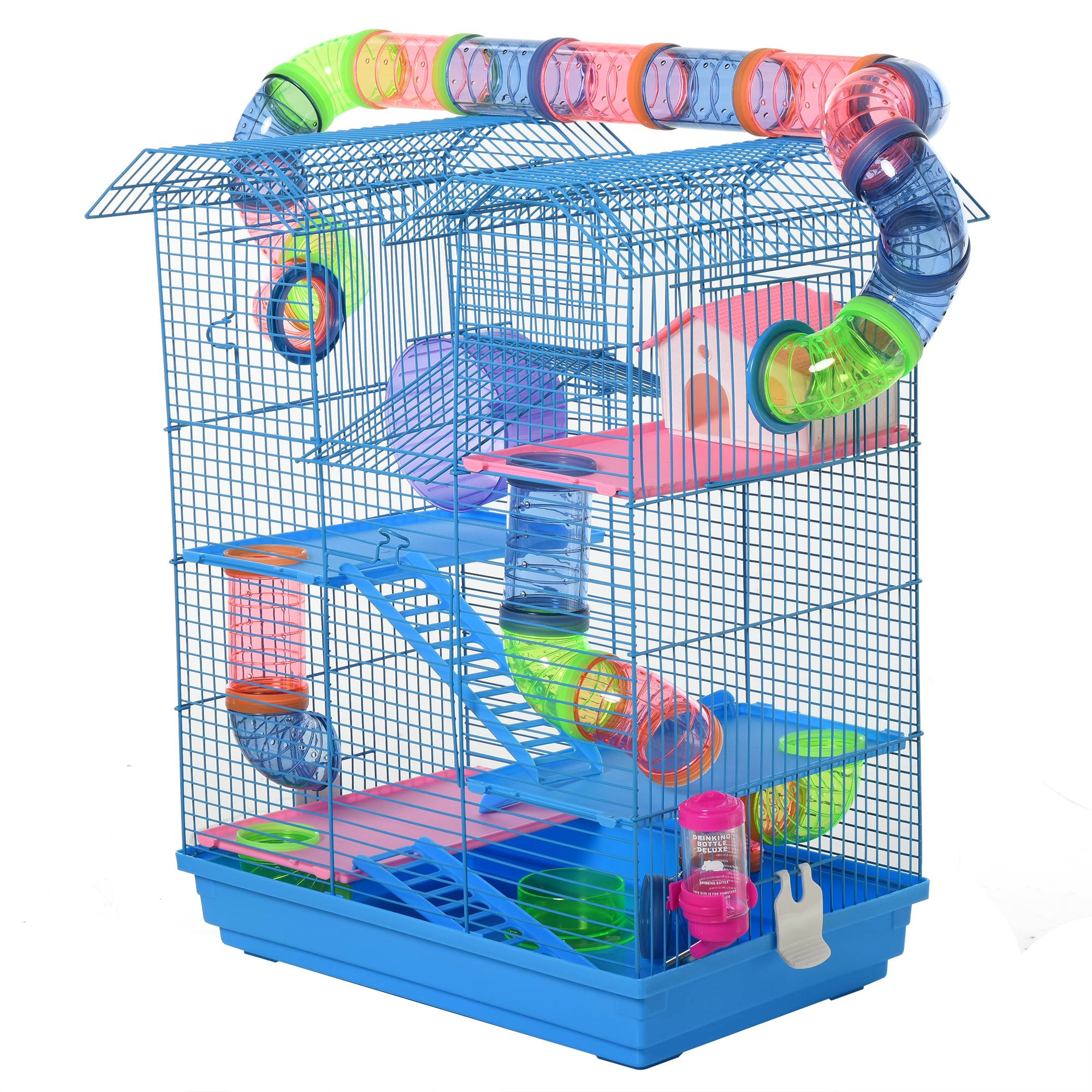 Pawhut - Cage pour Hamster Souris Petit Animaux Rongeur avec Tunnel Mangeoire Roue Jouet 47 x 30 x 59 cm cm Bleu - Imagen 1