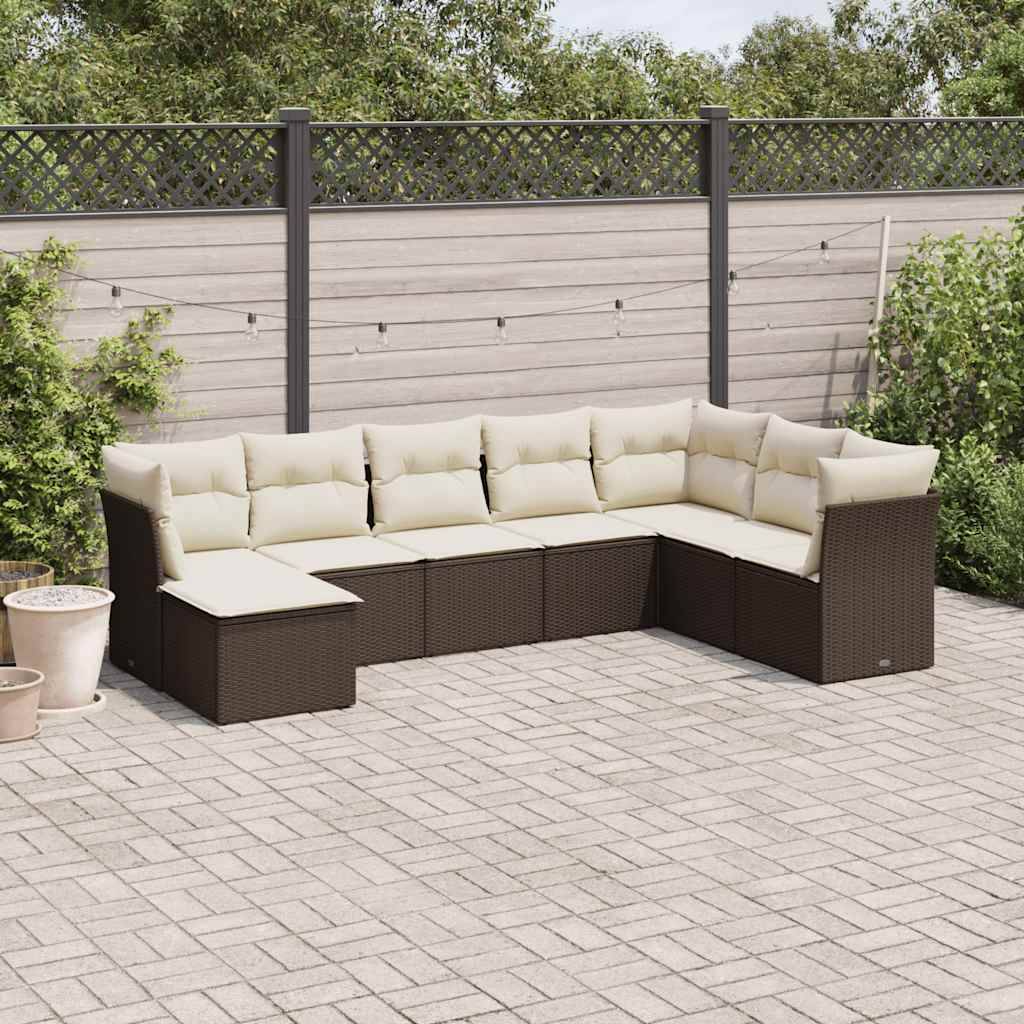 Salon de jardin modulable 8 pièces résine tressée avec pouf pour extérieur Marron et coussins Crème – ComfortXL Outdoor Living - Image 1