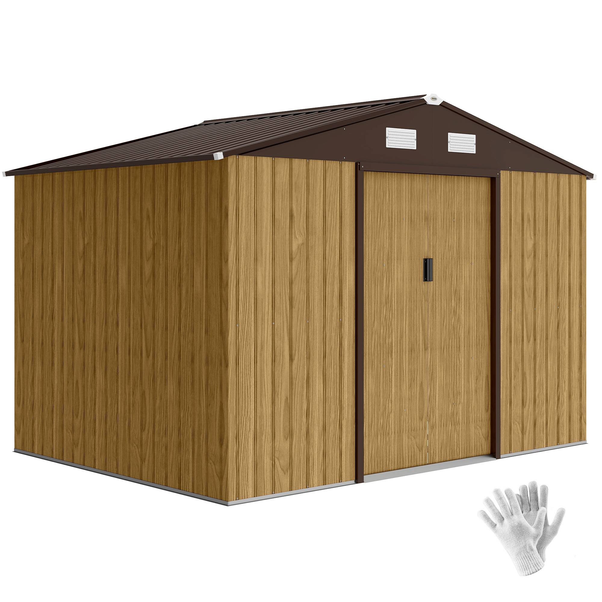 Abri marron 4,9 m² 277x195x192 cm avec porte coulissante, ventilation et kit de fondation, grand rangement jardin design chaleureux et complet - Image 1