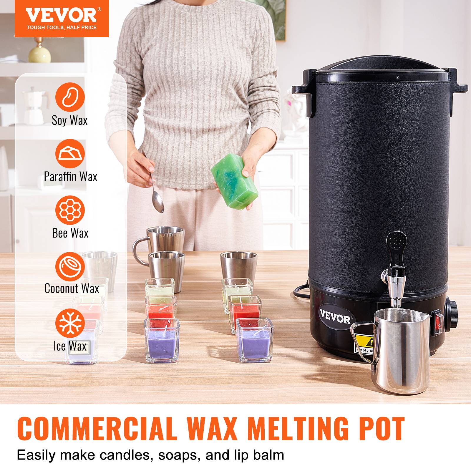 VEVOR Fondoir à Cire Electrique 10 L, 1100 W, Réglage 30-110°C, 100 Mèches et Autocollants. - Image 2