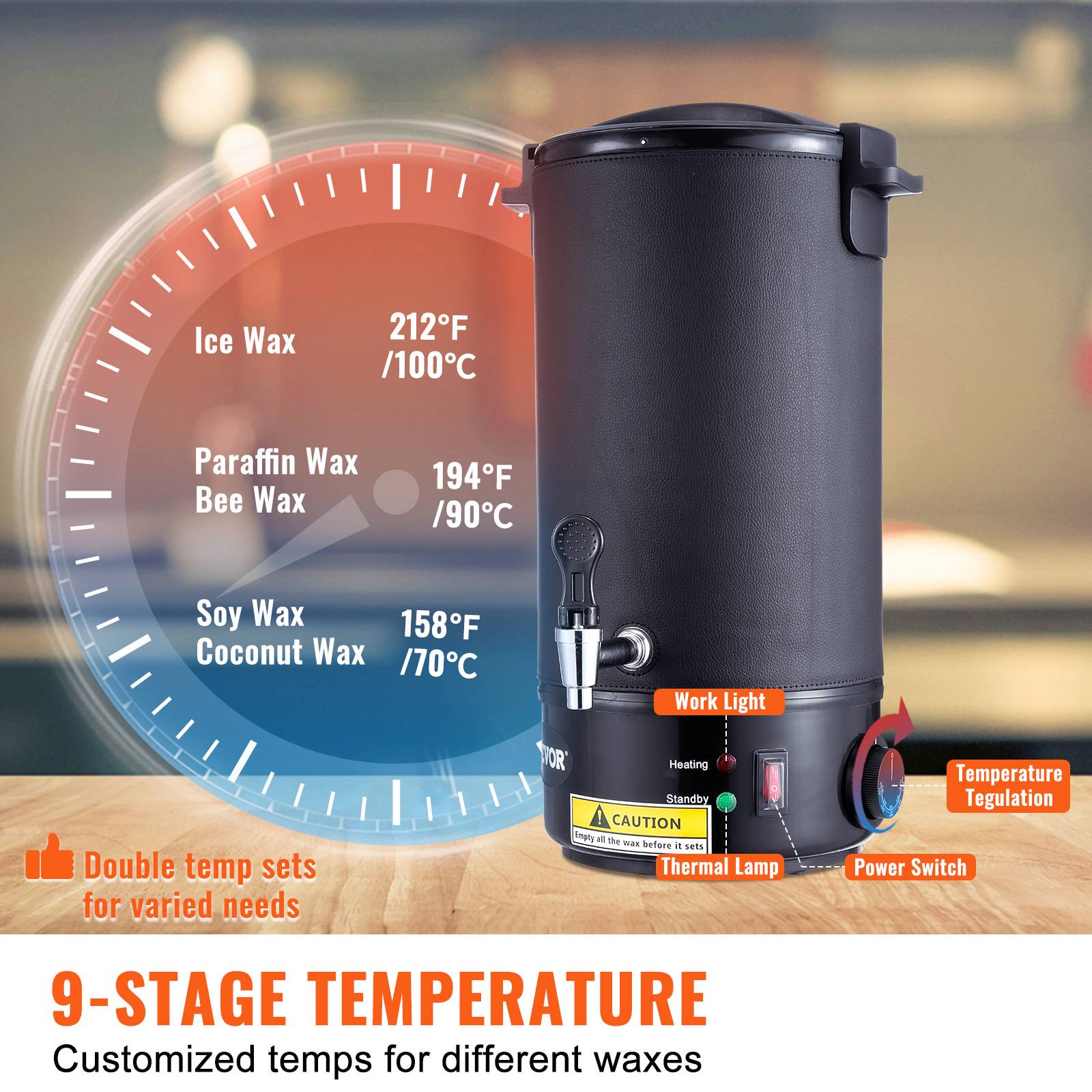 VEVOR Fondoir à Cire Electrique 10 L, 1100 W, Réglage 30-110°C, 100 Mèches et Autocollants. - Image 5