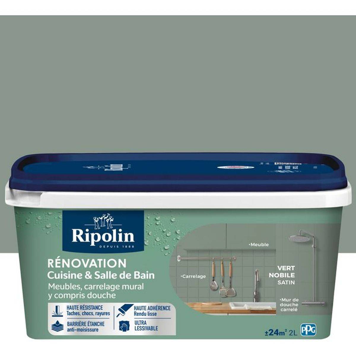 Ripolin - Peinture acrylique satinée cuisine et salle de bain 2 L Vert Nobile 2 en 1 - RIPOLIN - Image 1