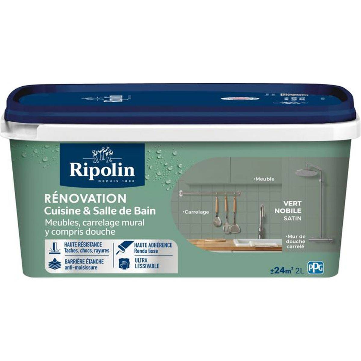 Ripolin - Peinture acrylique satinée cuisine et salle de bain 2 L Vert Nobile 2 en 1 - RIPOLIN - Image 4