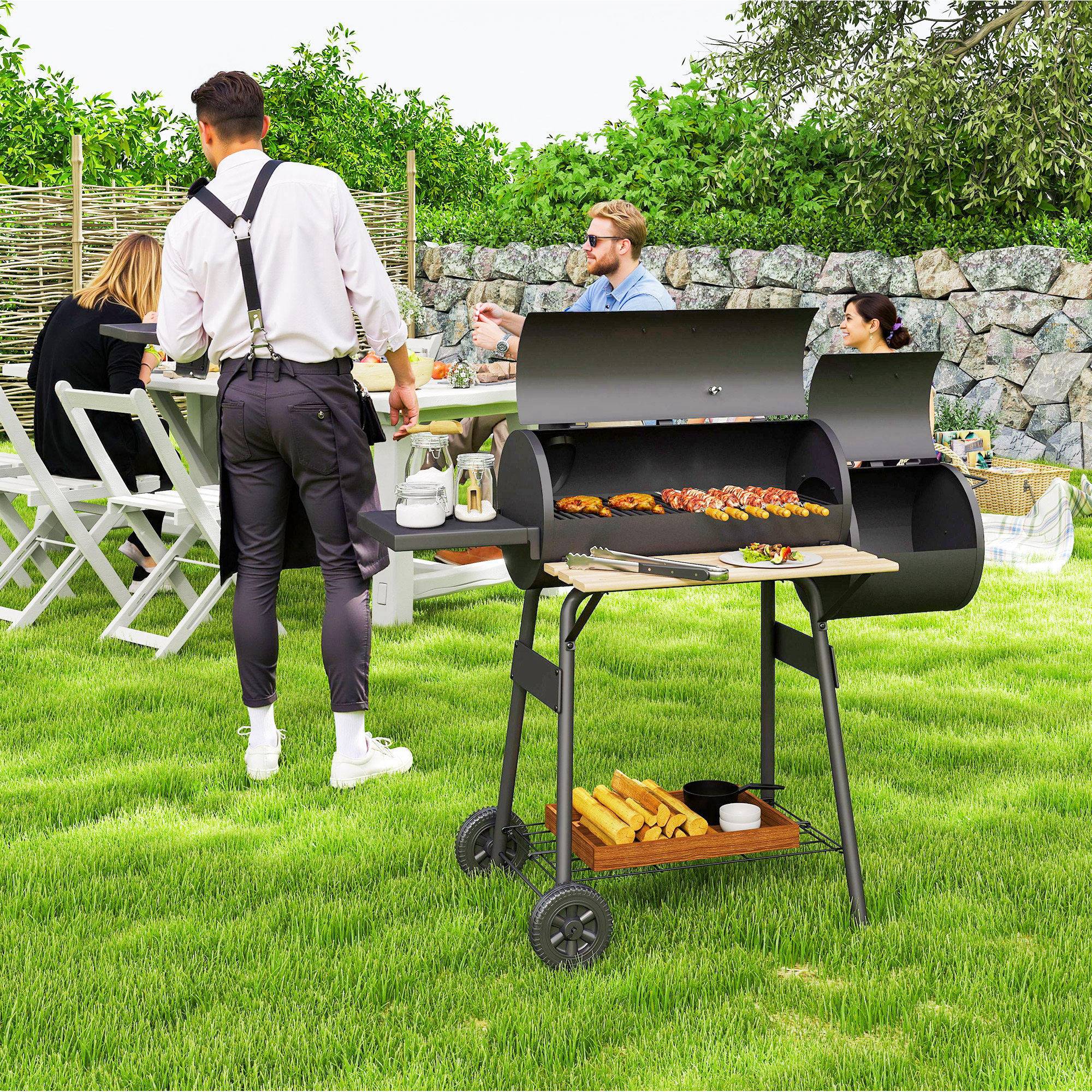 Sans Marque - Barbecue à charbon avec couvercle et fumoir, barbecue de jardin avec étagères et roulettes, 124 x 53 x 104 cm, noir - Image 4