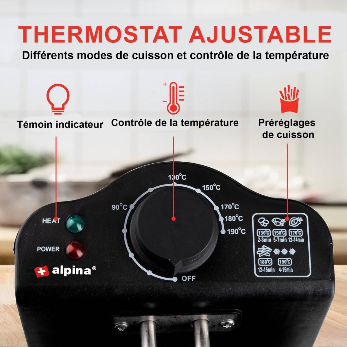 Alpina - Friteuse électrique à huile Cuve 3L 2000W 190°C ALPINA - Imagen 5