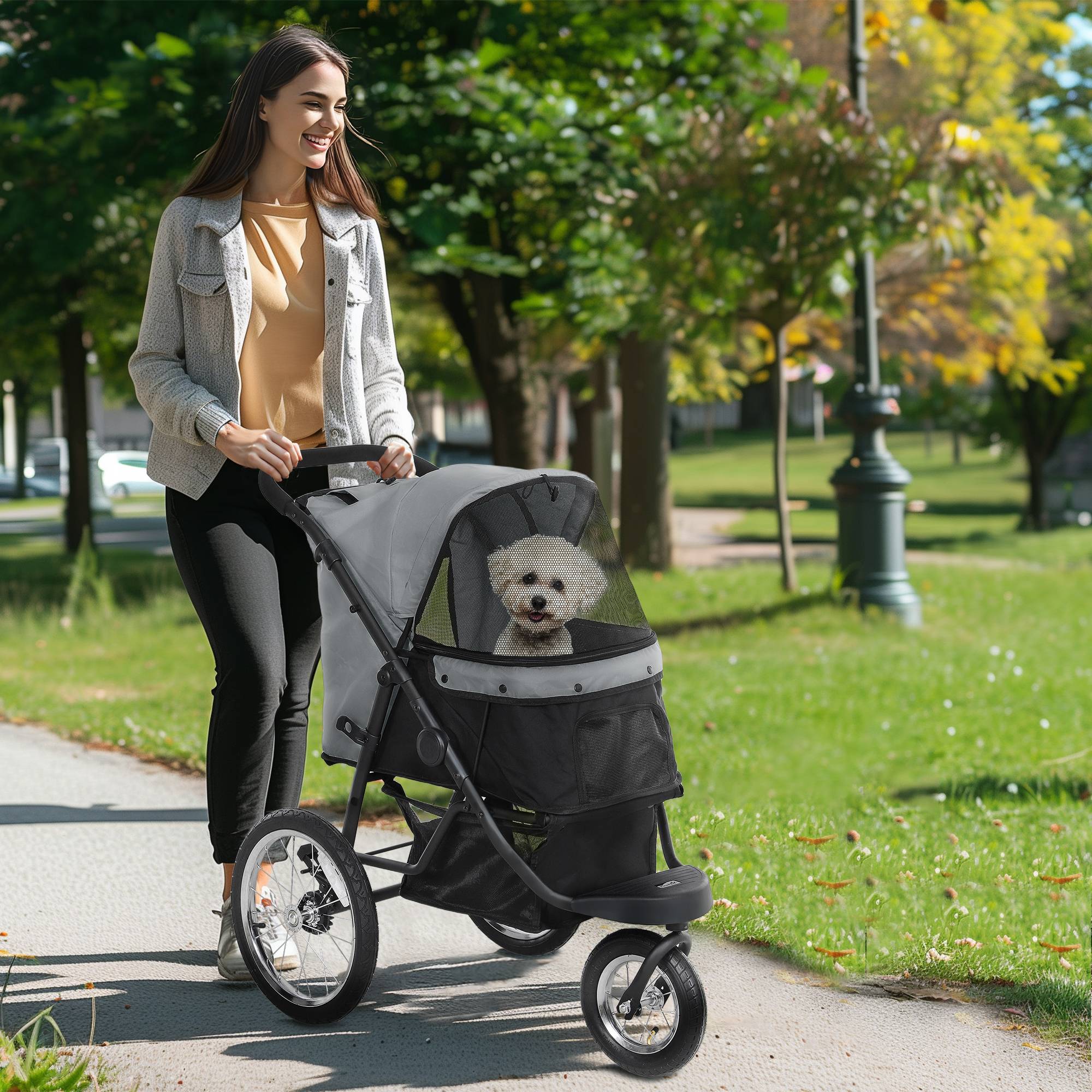 Poussette chien, petits chiens chats, panier rangement, pliage one-click, gris - Image 3