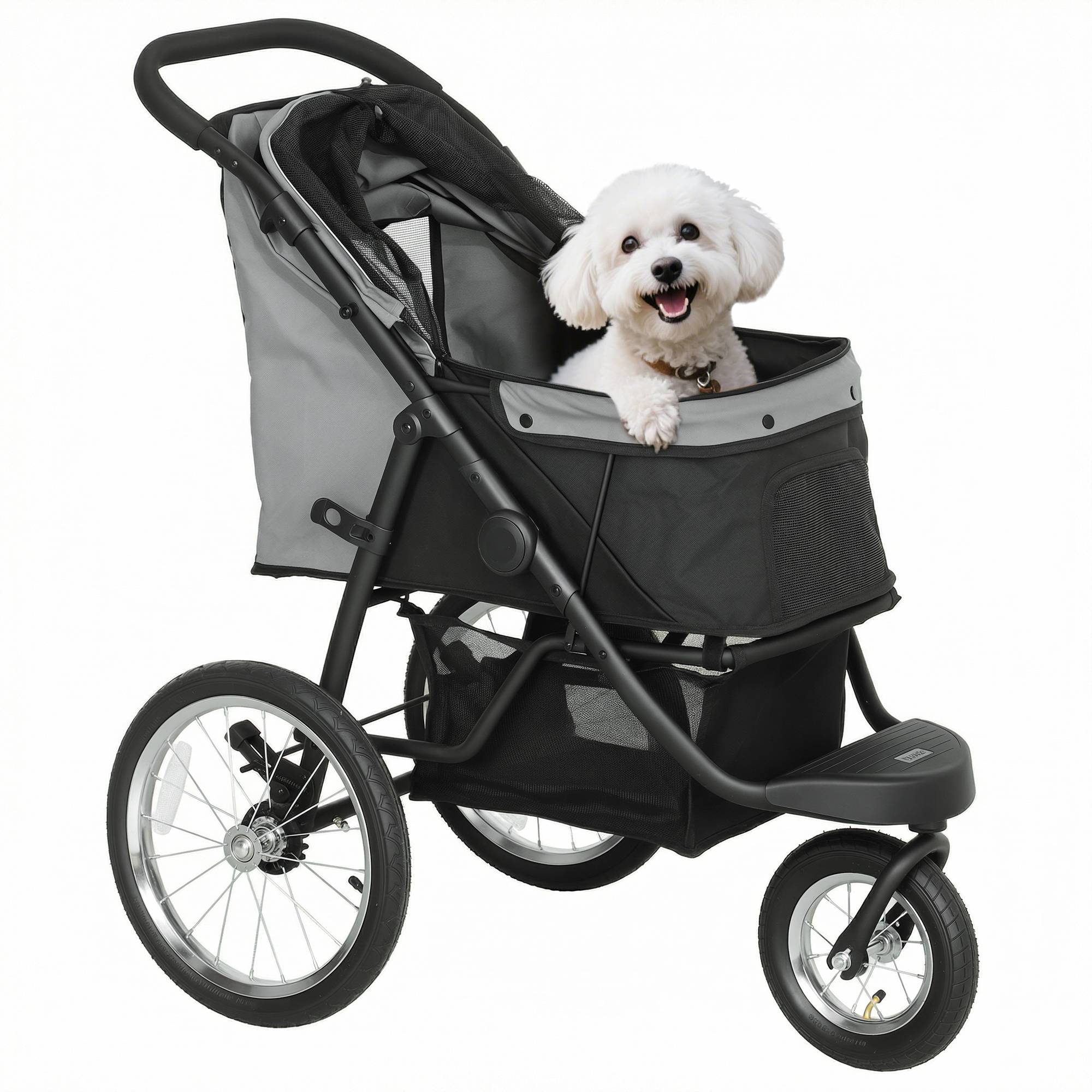 Poussette chien, petits chiens chats, panier rangement, pliage one-click, gris - Image 1
