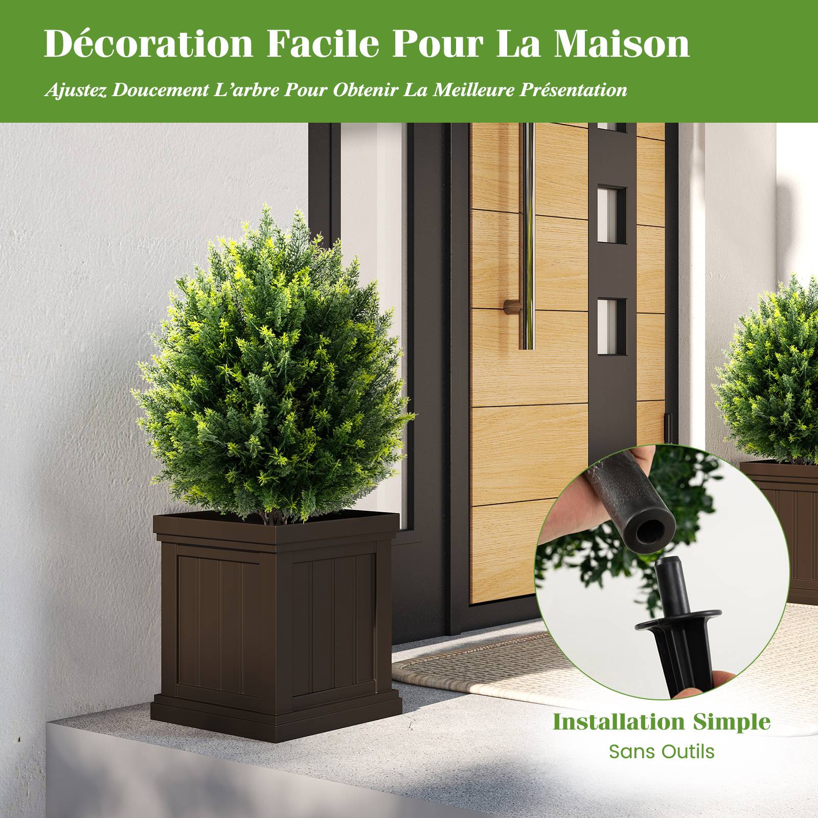 Ensemble de 2 Boules d'Arbres Topiaires Artificiels en Cyprès 61CM, Faux Arbuste en Cèdre avec Pique au Sol, Plante Artificielle Intérieure Extérieure - Image 4