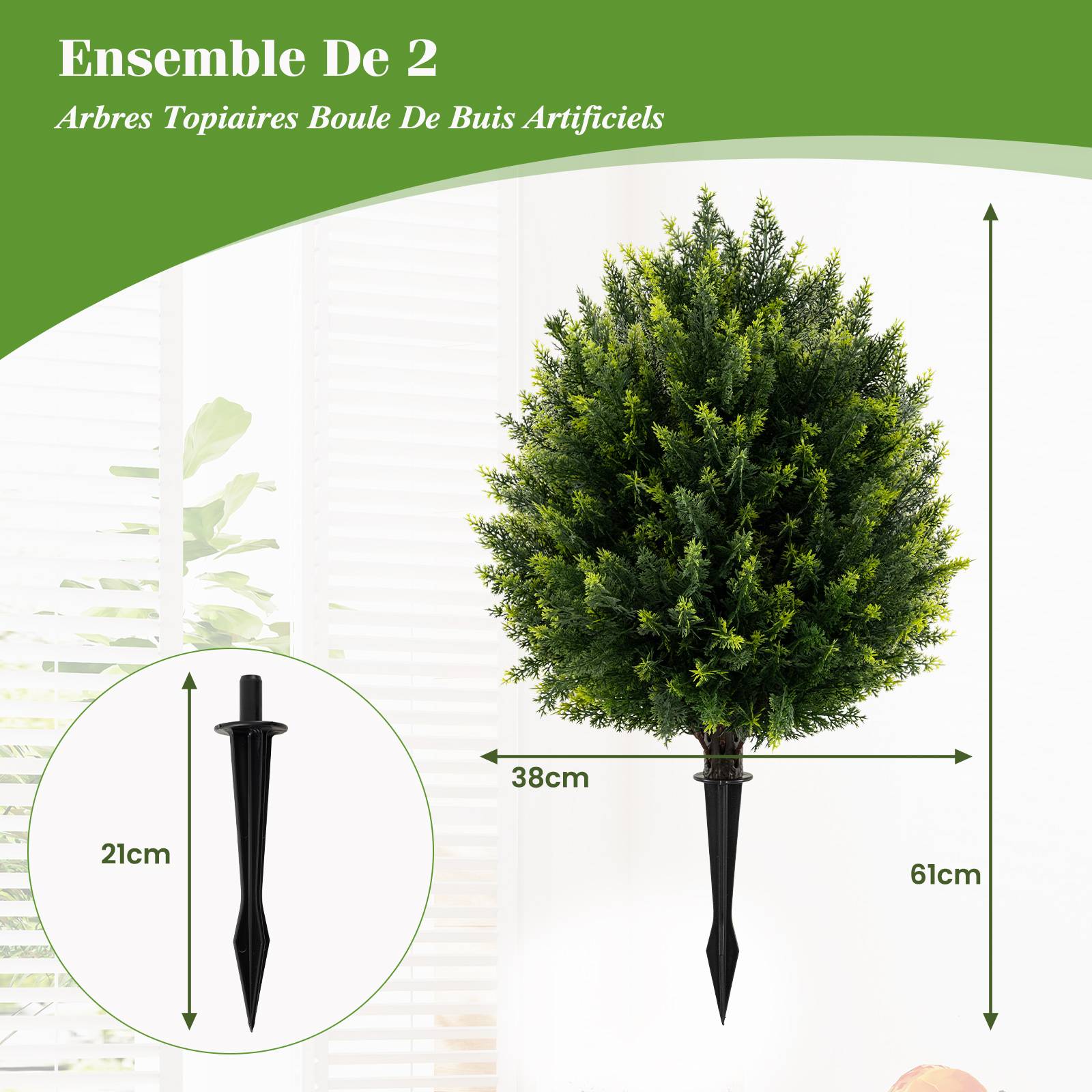 Ensemble de 2 Boules d'Arbres Topiaires Artificiels en Cyprès 61CM, Faux Arbuste en Cèdre avec Pique au Sol, Plante Artificielle Intérieure Extérieure - Image 5