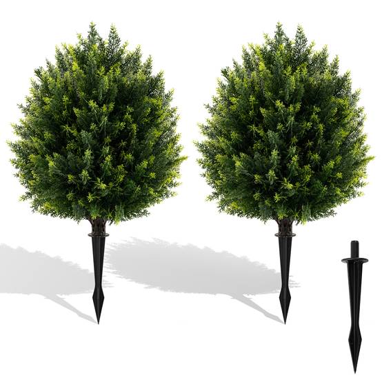 Ensemble de 2 Boules d'Arbres Topiaires Artificiels en Cyprès 61CM, Faux Arbuste en Cèdre avec Pique au Sol, Plante Artificielle Intérieure Extérieure - Image 1