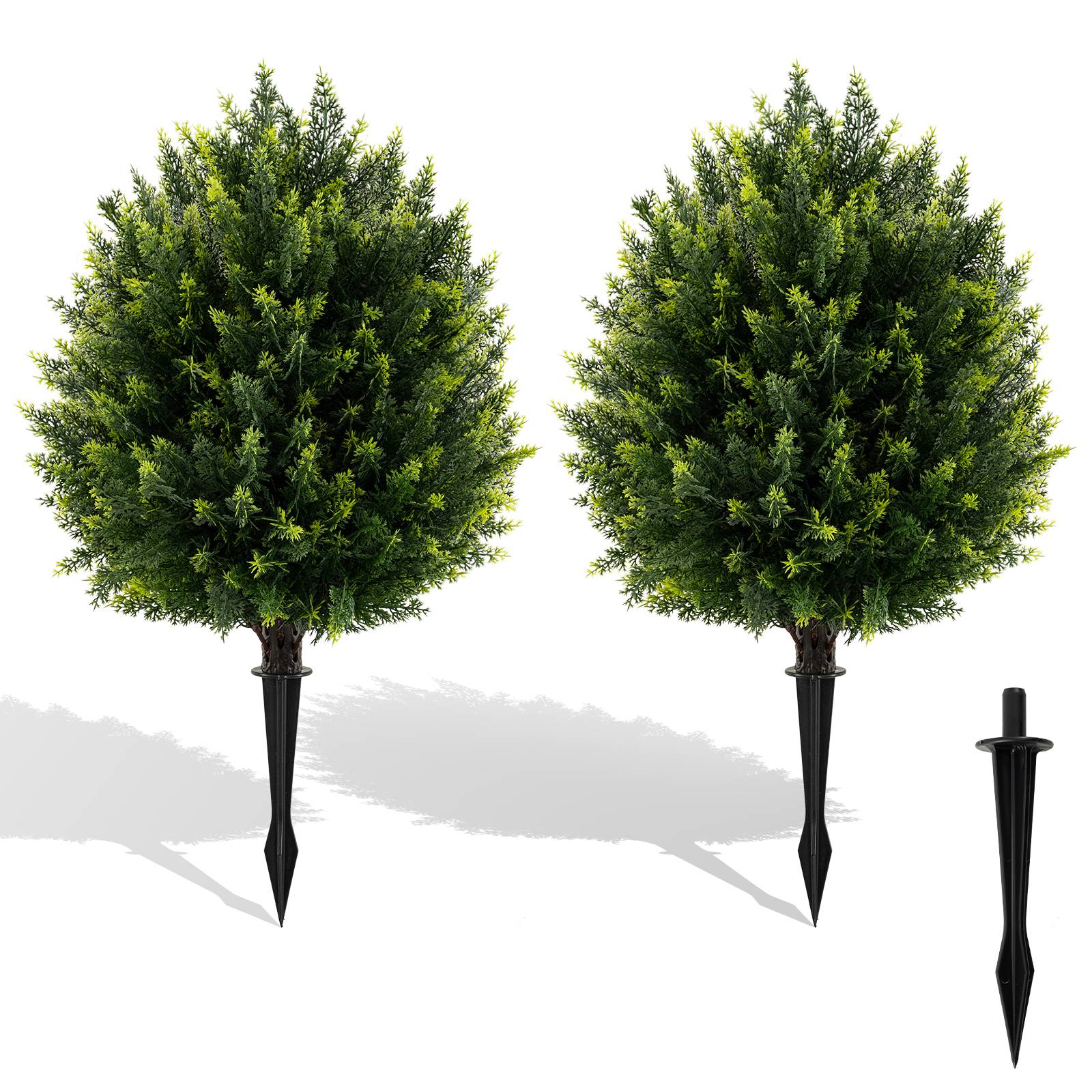 Ensemble de 2 Boules d'Arbres Topiaires Artificiels en Cyprès 61CM, Faux Arbuste en Cèdre avec Pique au Sol, Plante Artificielle Intérieure Extérieure - Image 1