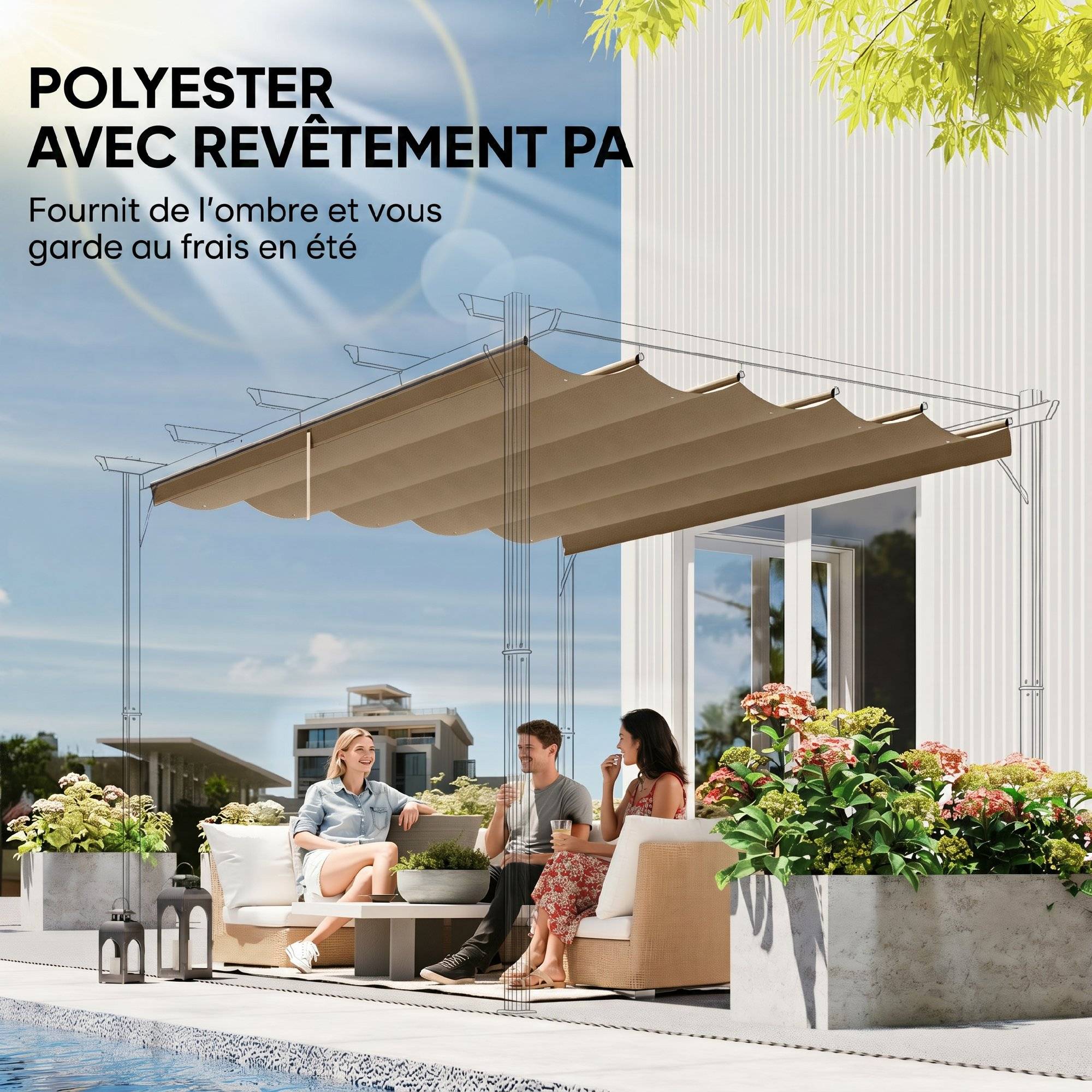 ComfortXL - Toile de rechange pour pergola rétractable en polyester écru 250 x 255 cm pour tonnelle 3 x 3 m avec drainage - Image 5