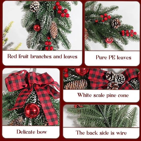 2 couronnes de Noël 60 cm - Décorations de sapin de Noël avec pommes de pin et baies rouges - Pour portes, murs et cheminées - Image 3