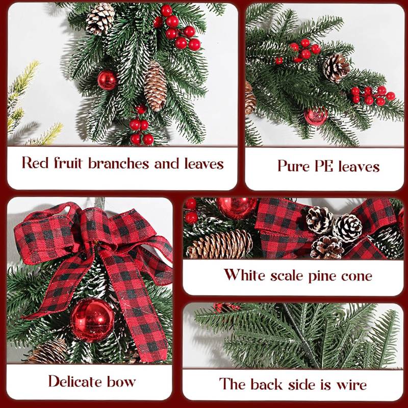 2 couronnes de Noël 60 cm - Décorations de sapin de Noël avec pommes de pin et baies rouges - Pour portes, murs et cheminées - Image 3