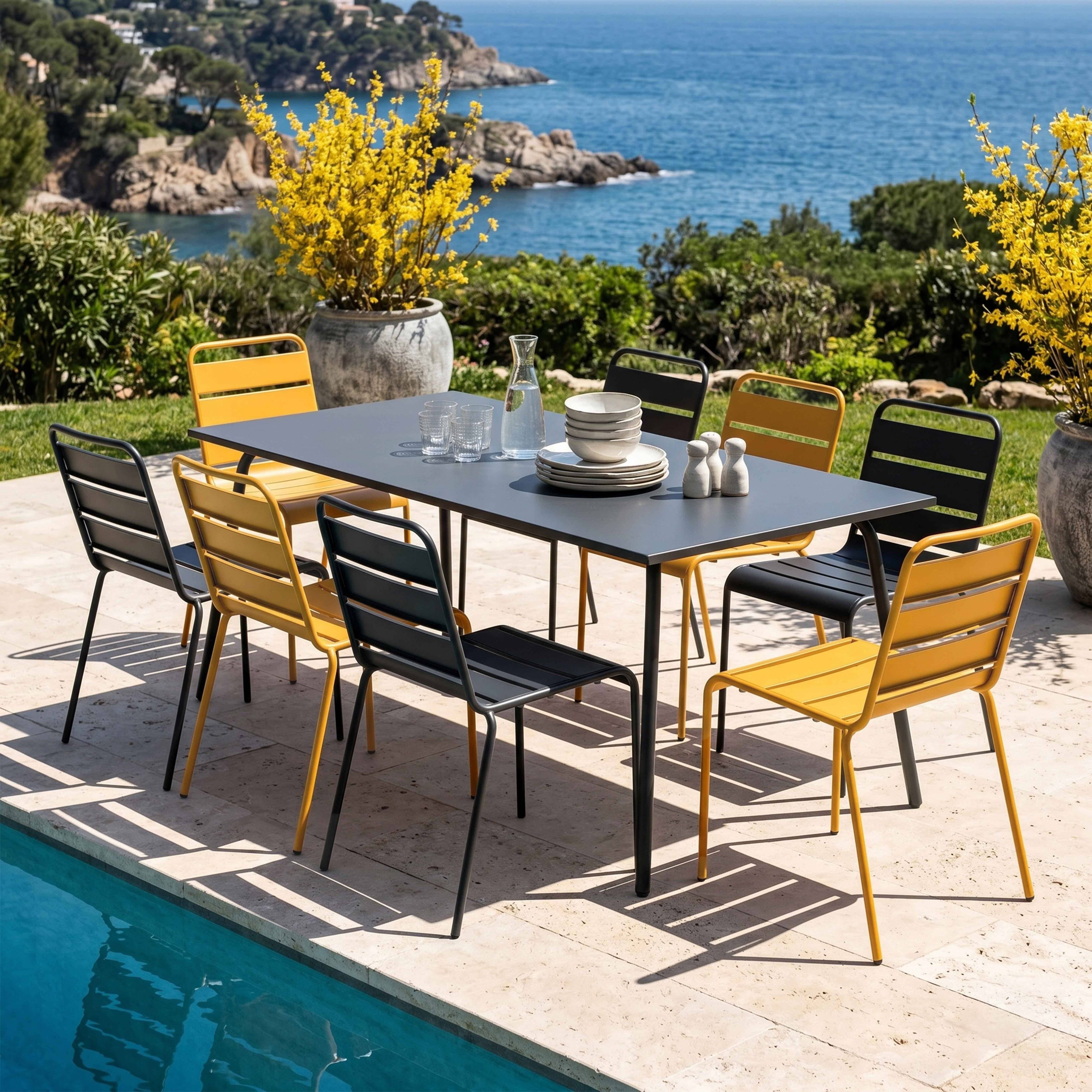 Oviala - Ensemble table de jardin et 8 chaises en métal gris et jaune Palavas - Oviala - Imagen 2