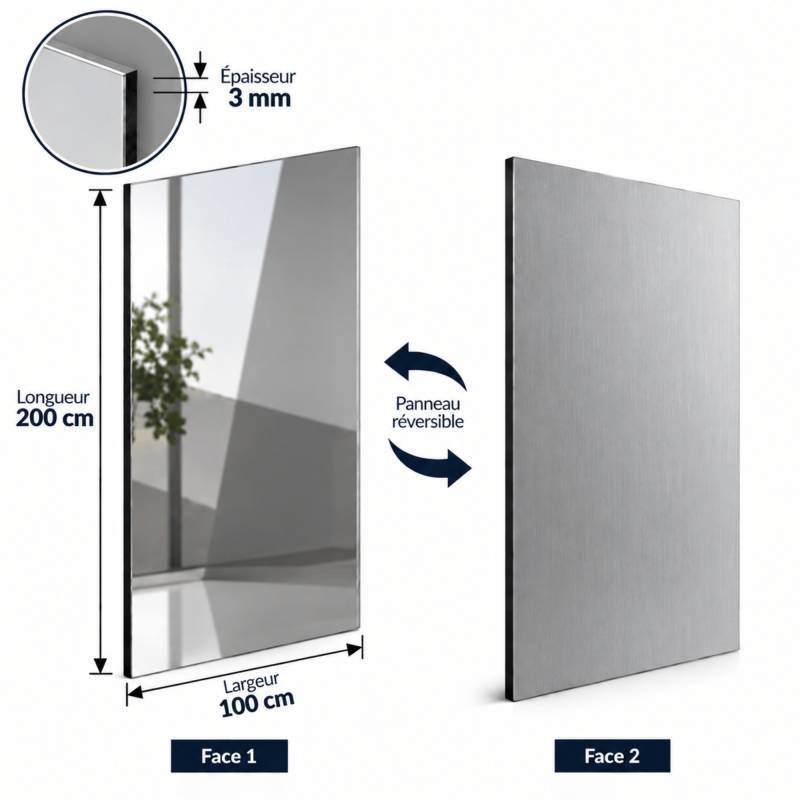 Crédence réversible alu miroir/brut - 3 mm - 2 formats - Coloris Miroir/alu brut, Epaisseur 3 mm, Largeur 100 cm, Longueur 200 cm - Image 2