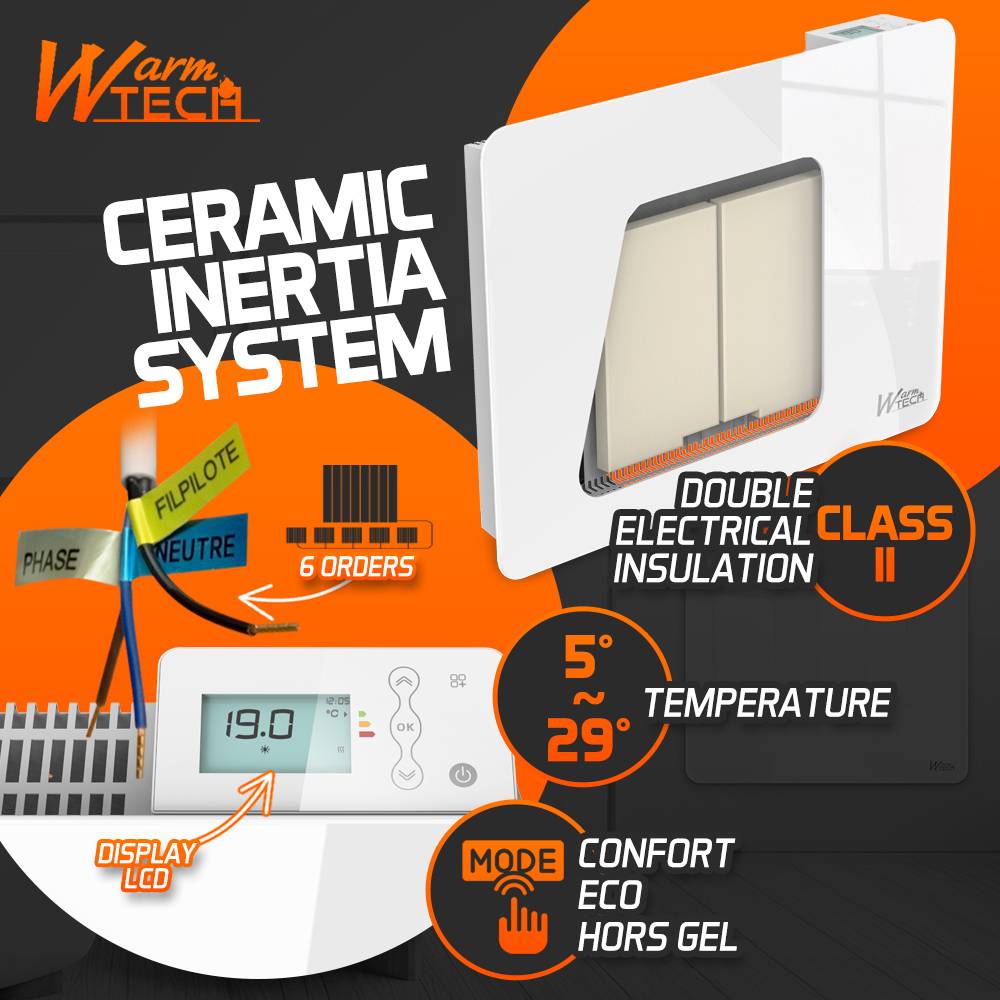 Radiateur inertie céramique avec façade en verre 1000 W - IP24 - NF - Fil pilote 6 ordres - Image 3